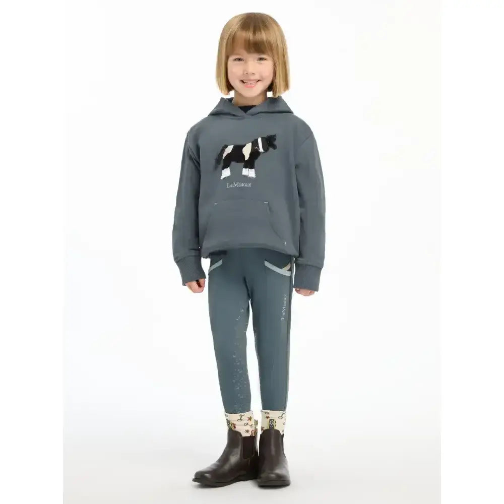 Gray hooded sweatshirt with black and white cow graphic front print lemieux mini romi hoodie petrol design
