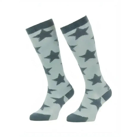 Light gray lemieux mini sasha knee-high socks with dark gray stars and matching toe and heel accents