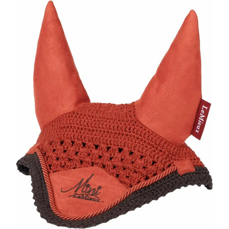 Orange crocheted lemieux mini sienna fly hood with suede-like pointed ears and dark brown trim from premium designer collection