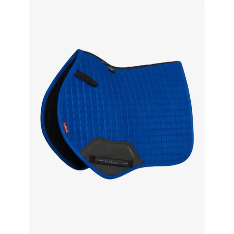 Bright blue lemieux mini suede close contact square benetton saddle pad with black and gray accents and lemieux label