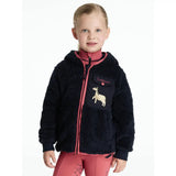Navy blue lemieux mini teagan plush fleece jacket with pink zipper and cream deer appliqué on chest pocket