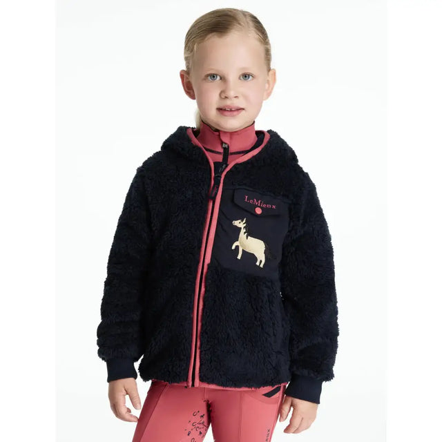 Navy blue lemieux mini teagan plush fleece jacket with pink zipper and cream deer appliqué on chest pocket