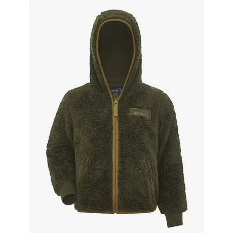 Olive green lemieux mini teagan fuzzy hooded jacket with tan zipper and trim in soft teagan fleece alpine material