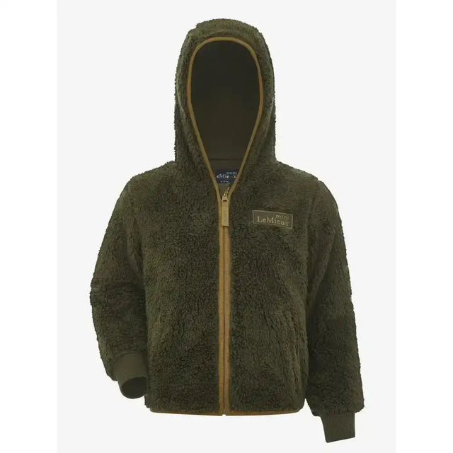 Olive green lemieux mini teagan fuzzy hooded jacket with tan zipper and trim in soft teagan fleece alpine material