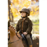 Brown fuzzy lemieux mini teagan fleece alpine jacket with tan zipper and brand patch on the chest