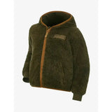 Olive green fuzzy lemieux mini teagan fleece alpine jacket with brown zipper trim and lemieux patch on chest