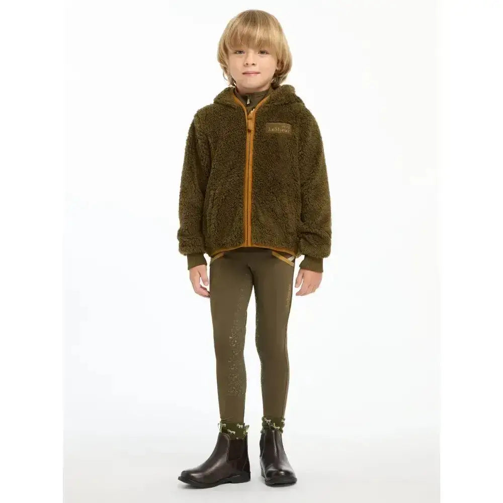 Olive green lemieux mini teagan fleece alpine jacket with fuzzy hood orange zipper and embroidered logo on chest