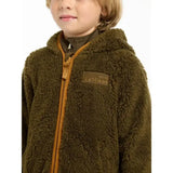 Olive green lemieux mini teagan plush hooded jacket with mustard yellow zipper and brand patch in teagan fleece alpine style