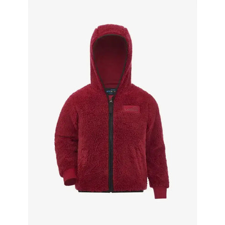 Red plush hooded lemieux mini teagan fleece ember jacket with black zipper and red fabric chest patch