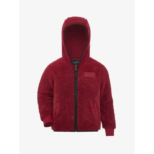 Red plush hooded lemieux mini teagan fleece ember jacket with black zipper and red fabric chest patch