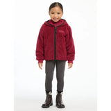 Child in a red Lemieux Mini Teagan Fleece Ember jacket, gray leggings, and black boots