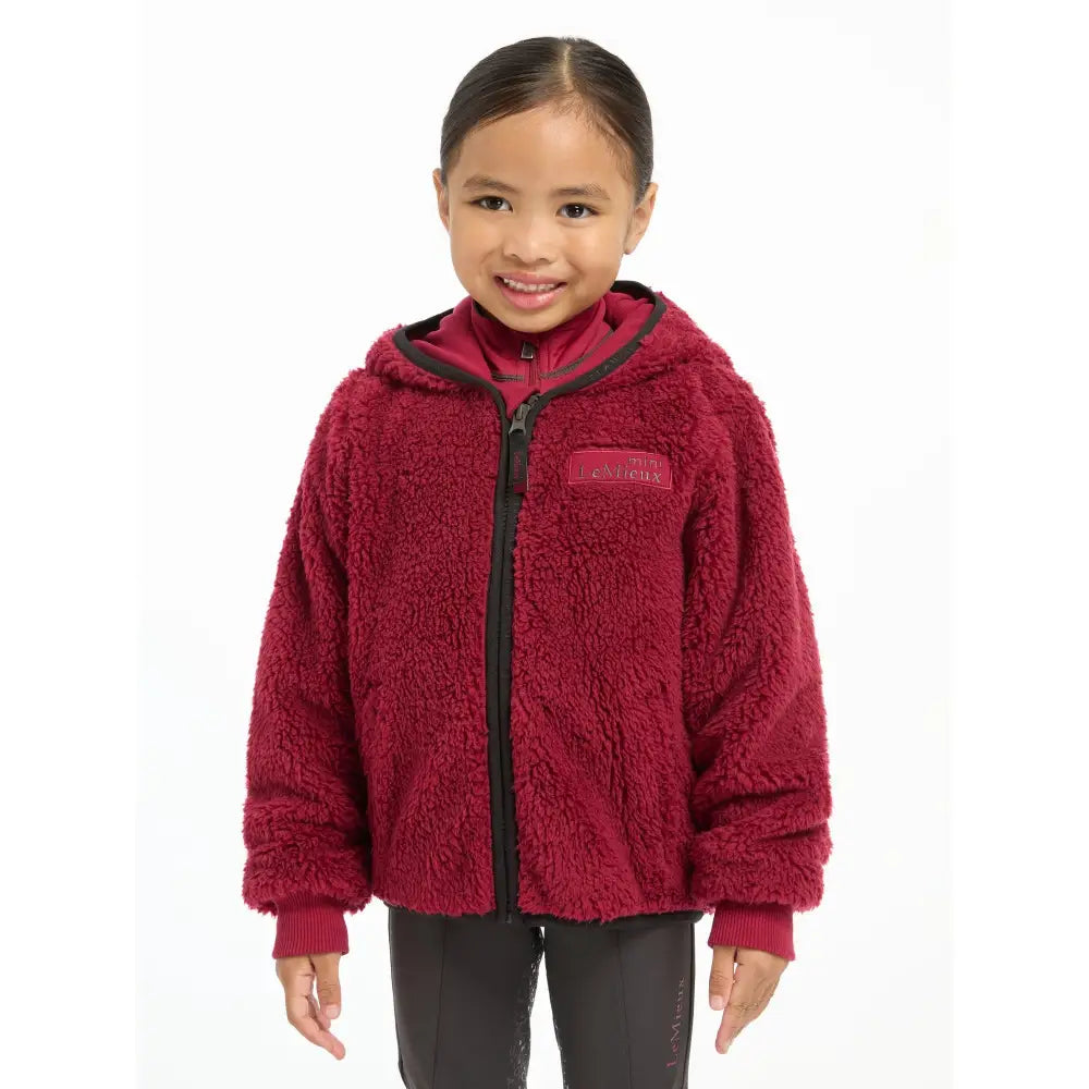 Bright red fuzzy Lemieux Mini Teagan Fleece Ember hooded jacket with zipper front