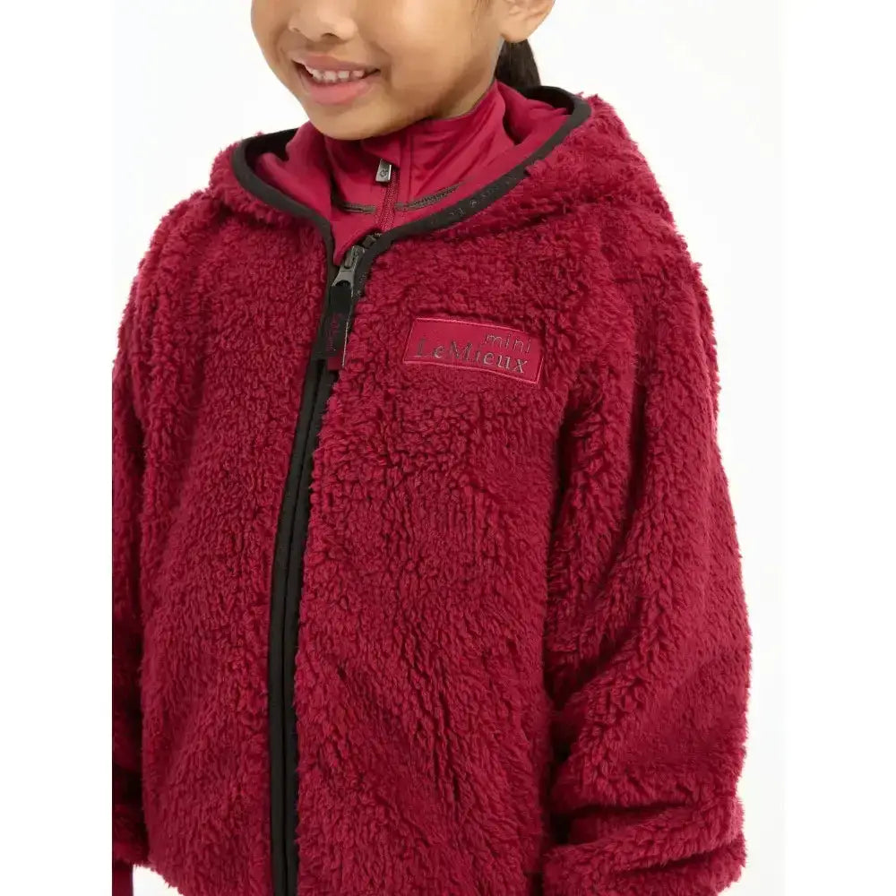 A child wearing a maroon lemieux mini teagan fleece ember plush hooded jacket with black zipper and trim