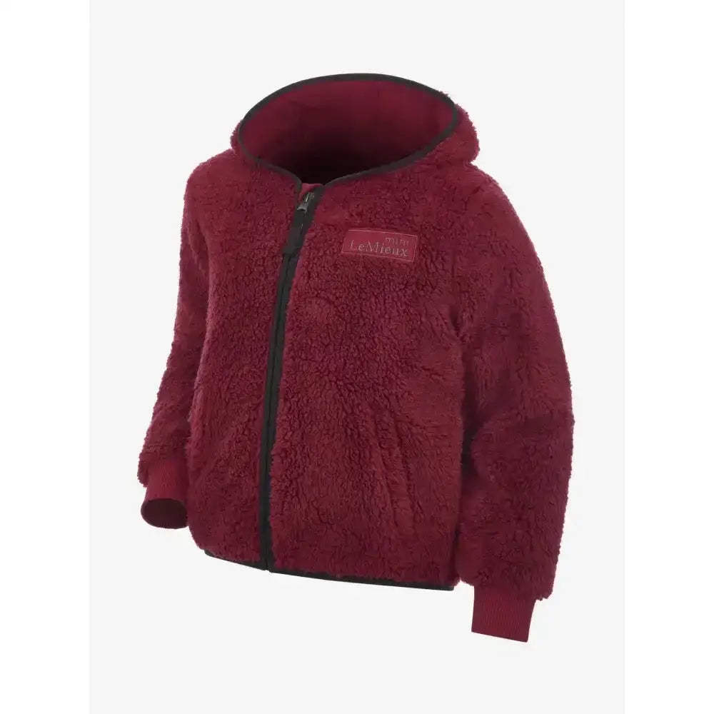 A cozy maroon lemieux mini teagan fleece ember hoodie with black zipper and trim featuring soft textured fabric