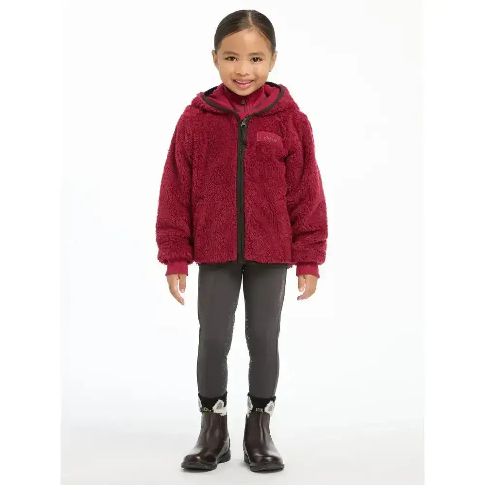 Cozy maroon lemieux mini teagan fleece ember jacket with black zipper and subtle chest brand patch