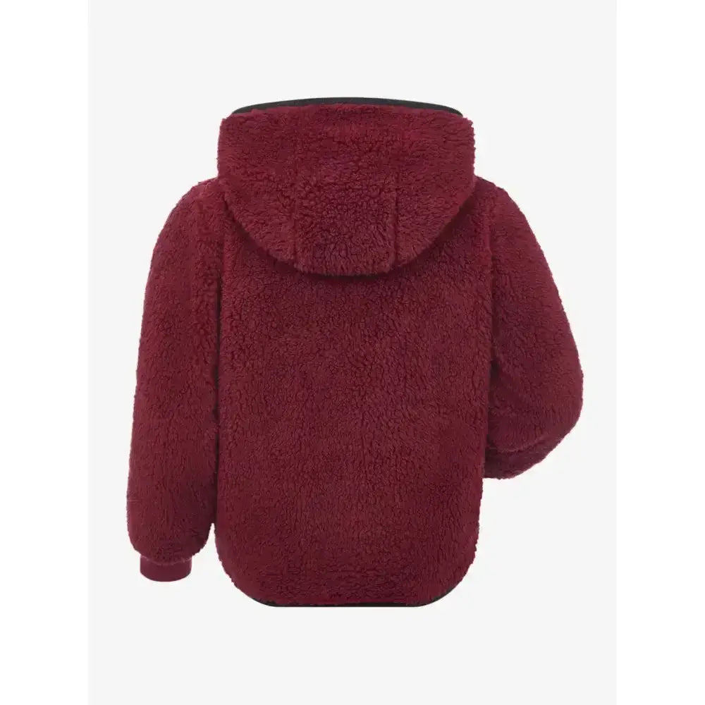 A plush maroon lemieux mini teagan fleece ember hoodie with soft textured exterior and black-lined hood