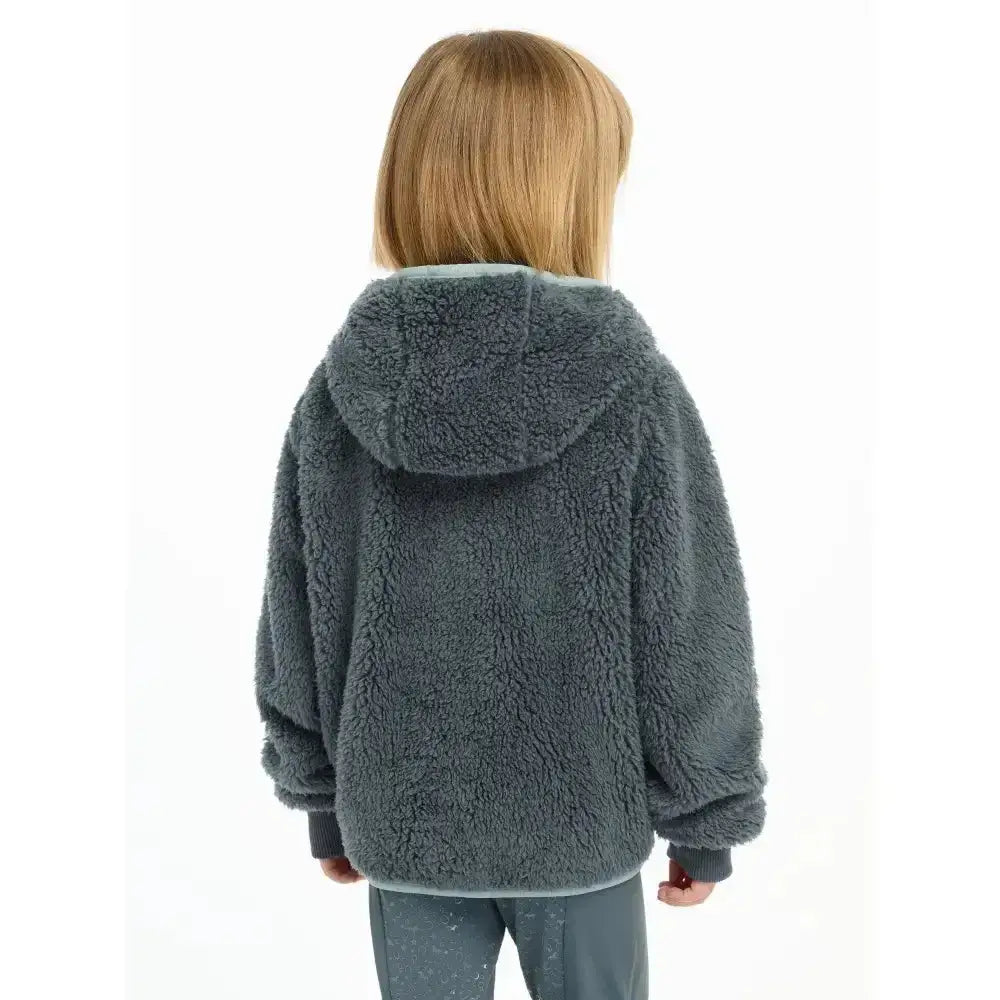 A child wearing lemieux mini teagan fleece petrol dark gray plush hoodie with matching hood and ribbed cuffs
