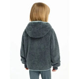 A child wearing lemieux mini teagan fleece petrol dark gray plush hoodie with matching hood and ribbed cuffs