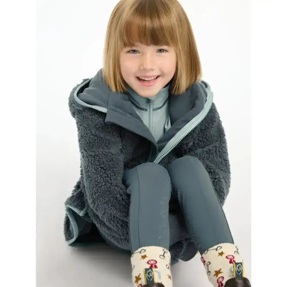 Cozy dark gray lemieux mini teagan fleece petrol jacket with light blue trim and matching zipper hoodie