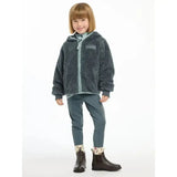 Dark gray fluffy hooded lemieux mini teagan fleece petrol jacket with light blue zipper and chest brand patch
