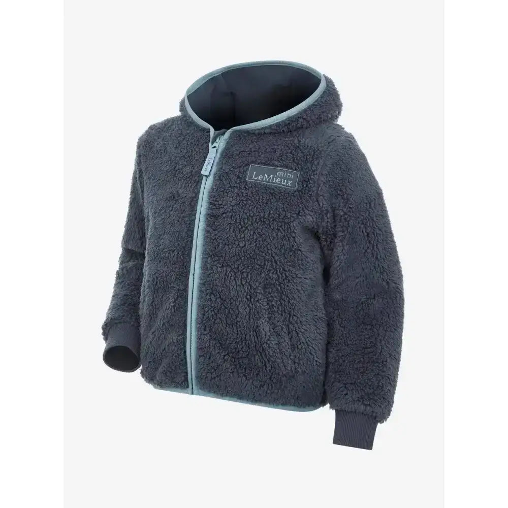 Dark gray plush hooded lemieux mini teagan fleece petrol jacket with light blue zipper and min lemieux label on chest
