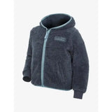 Dark gray plush hooded lemieux mini teagan fleece petrol jacket with light blue zipper and min lemieux label on chest
