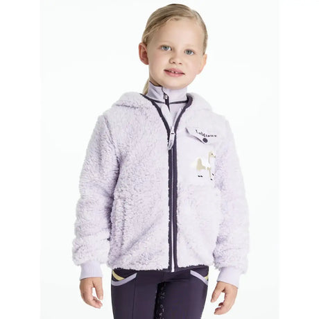 A lemieux mini teagan lemon fleece lilac soft lavender fleece-lined hooded jacket with black zipper and horse embroidery