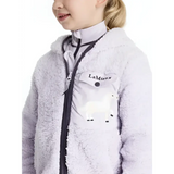 Light purple lemieux mini teagan lemon fleece lilac jacket with black zipper and white patch pocket