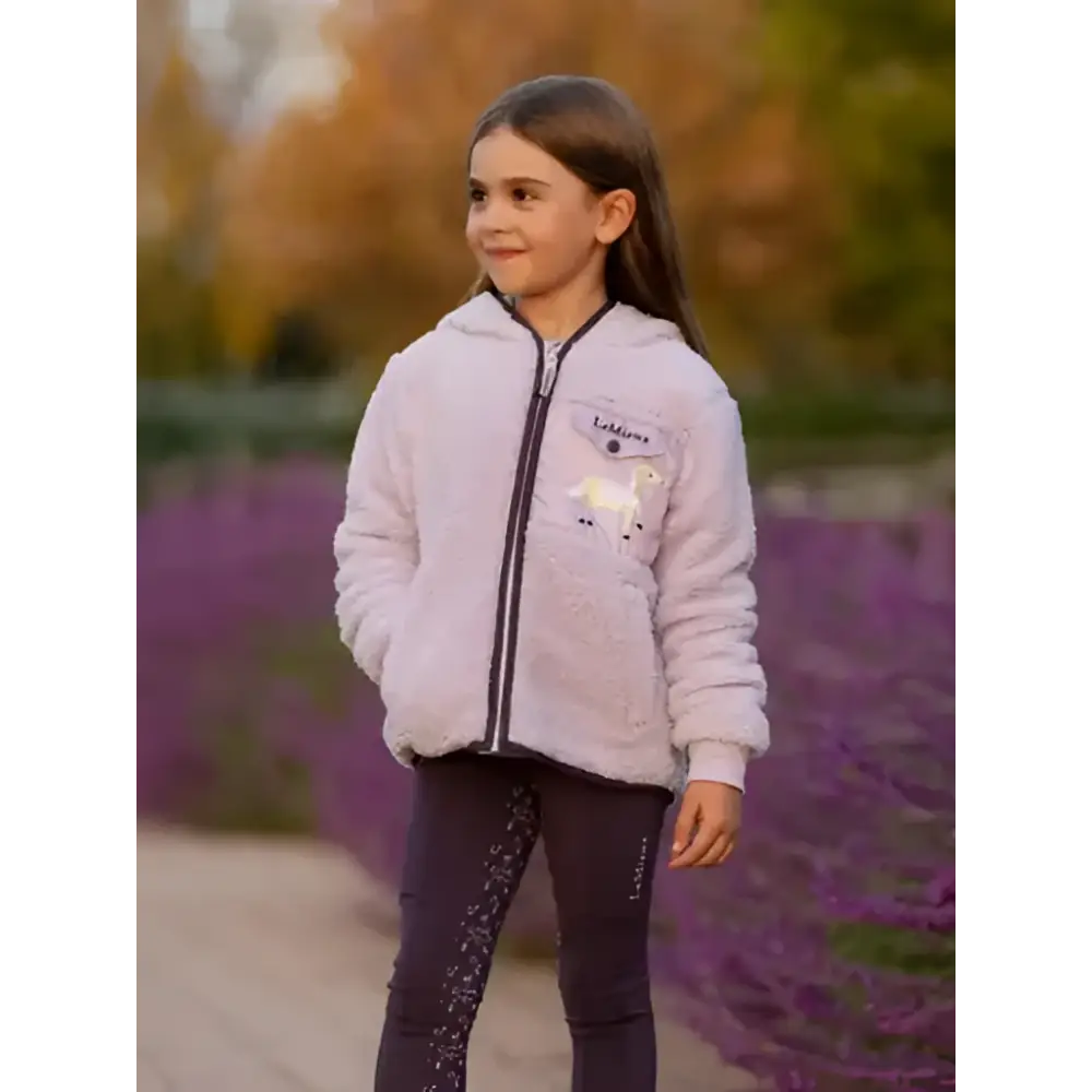 Lemieux mini teagan lemon fleece lilac soft lavender fleece-lined hooded jacket with black zipper and unicorn embroidery