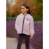 Lemieux mini teagan lemon fleece lilac soft lavender fleece-lined hooded jacket with black zipper and unicorn embroidery