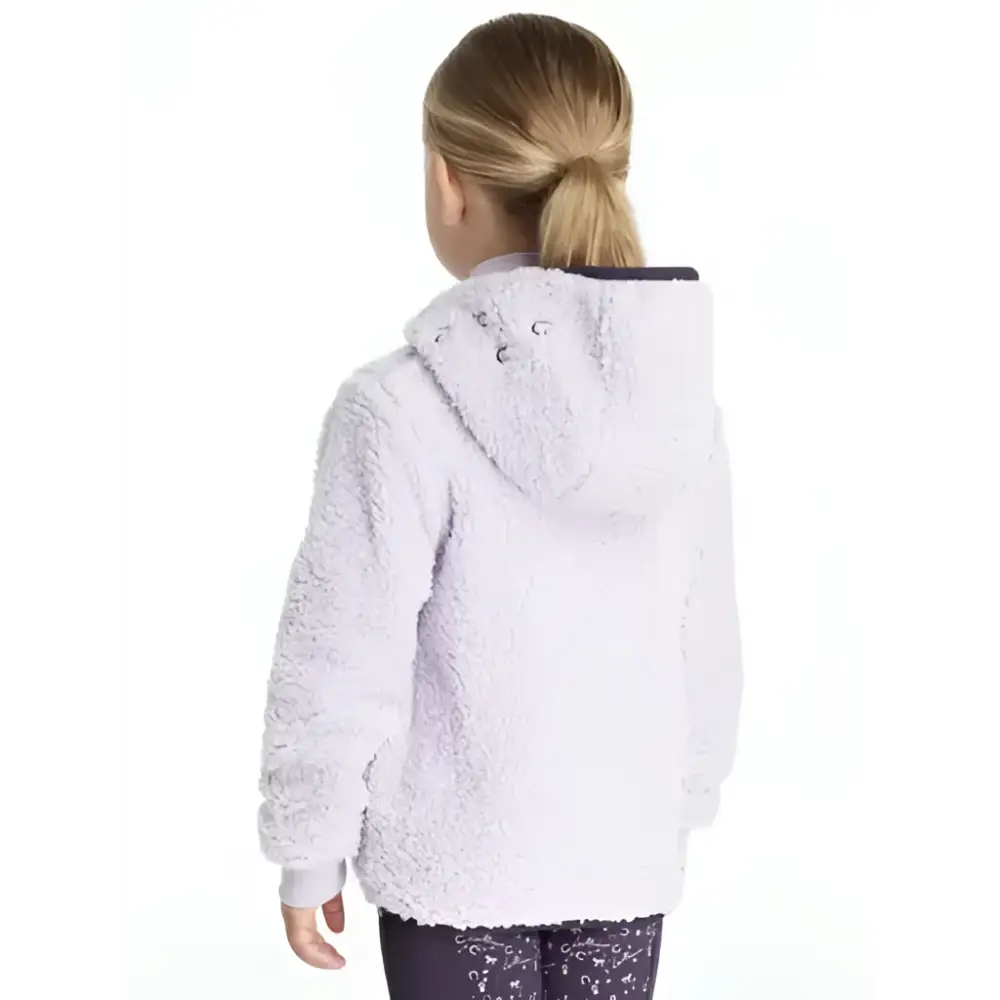 Lemieux mini teagan lemon fleece lilac white fluffy fleece hoodie with soft texture and silver button details on hood