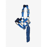 Blue nylon lemieux mini vogue headcollar with silver hardware fleece inserts and matching leadrope benetton coil rope