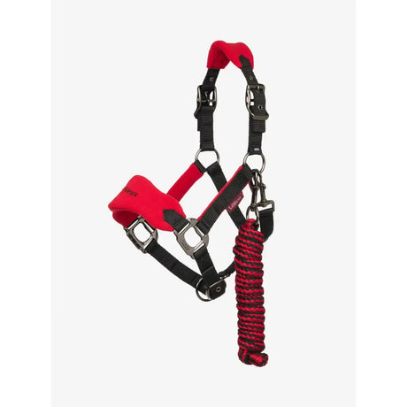 Lemieux mini vogue red and black horse halter with fleece inserts, adjustable straps, metal buckles, and leadrope chilli coiled rope