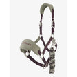 Grey and maroon lemieux mini vogue headcollar with padded headpiece silver hardware and leadrope damson attached