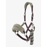 Grey and maroon lemieux mini vogue headcollar with padded headpiece silver hardware and leadrope damson attached