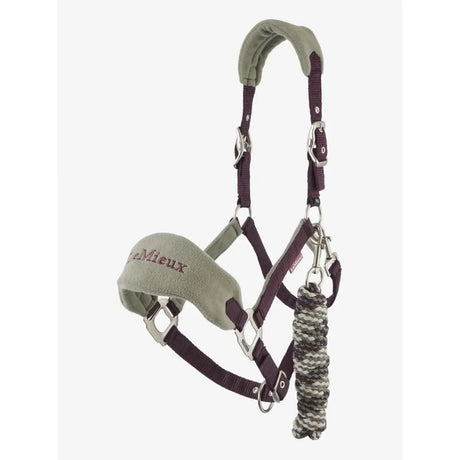 Grey and maroon lemieux mini vogue headcollar with padded headpiece silver hardware and leadrope damson attached