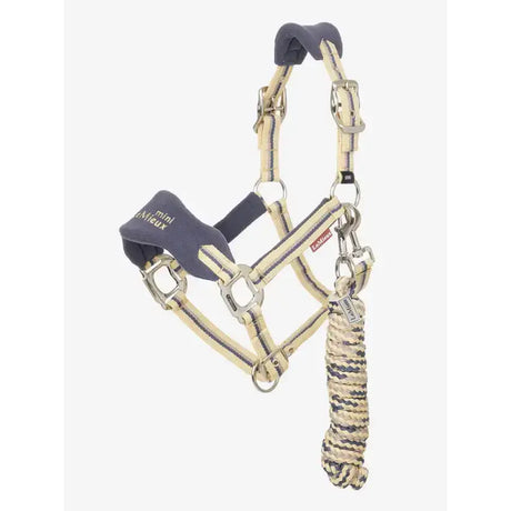 Beige and navy striped lemieux mini vogue headcollar with premium designer collection leadrope indigo and metal hardware