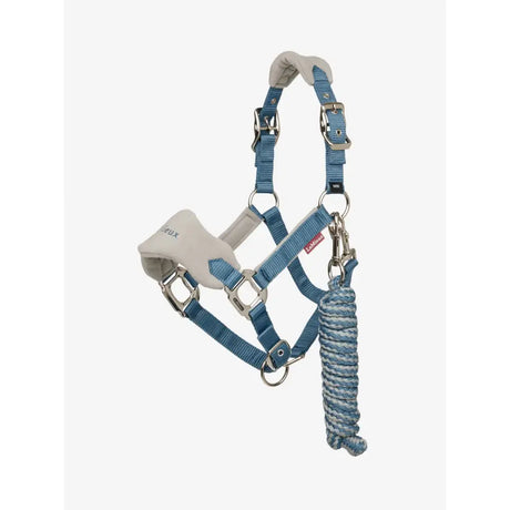 Lemieux mini vogue blue woven nylon headcollar with fleece inserts padded gray ears and leadrope ice blue braided rope
