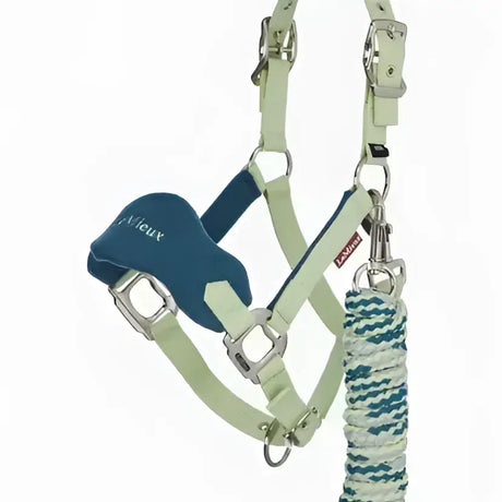 Light green and navy blue lemieux mini vogue leather horse halter with fleece inserts and leadrope macaron braided rope