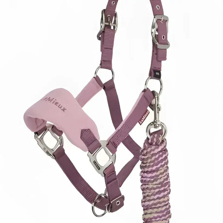 Pink and mauve striped lemieux mini vogue headcollar with silver hardware and matching leadrope mallow for horses