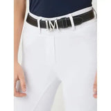 Black leather lemieux monogram belt with silver brushed metal monogram pin buckle and vertical brand engraving