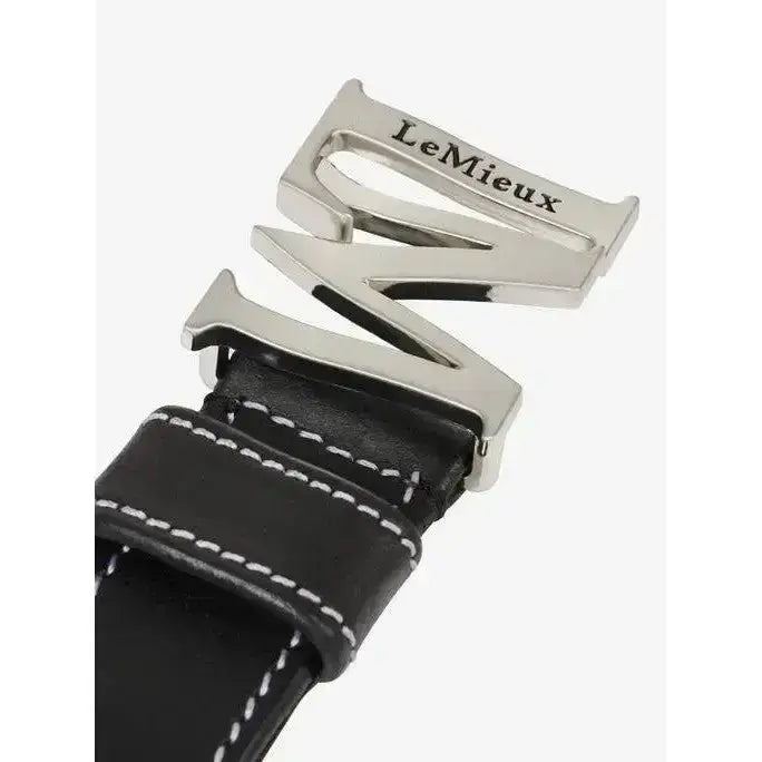 Black leather lemieux monogram belt with white stitching and a silver brushed metal monogram pin buckle
