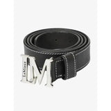 Black leather lemieux monogram belt with silver brushed metal monogram pin buckle and engraved brand name