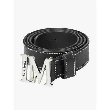Black leather lemieux monogram belt with silver brushed metal monogram pin buckle and engraved brand name