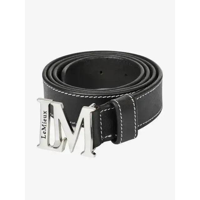 Black leather lemieux monogram belt with silver brushed metal monogram pin buckle and engraved brand name