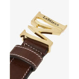 Brown leather lemieux monogram belt with white stitching and gold tone brushed metal monogram pin buckle