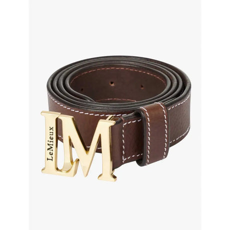 Brown leather lemieux monogram belt with gold brushed metal monogram pin buckle and lemieux engraving