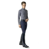 A sleek gray long-sleeved riding shirt with high collar and subtle stitching paired with lemieux monsieur breeches navy