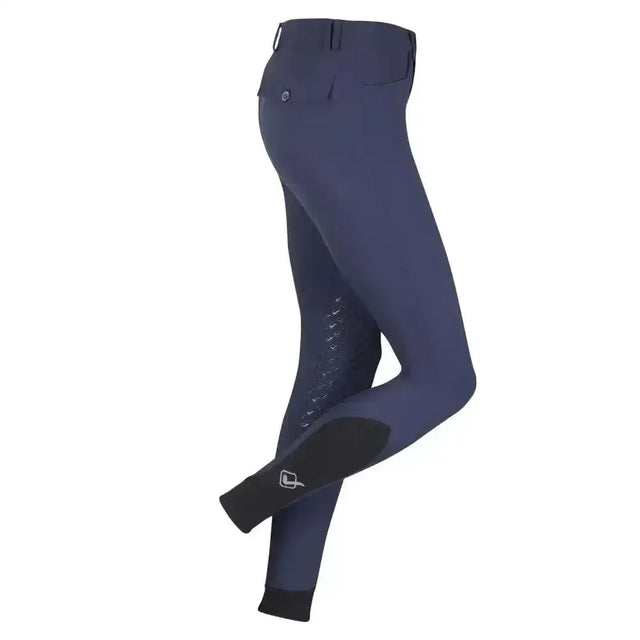 Navy lemieux monsieur breeches with black knee patches and subtle white reflective thigh detailing for riding use