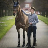 A sleek chestnut horse stands beside its handler wearing navy lemieux monsieur breeches for men with a comfy fit
